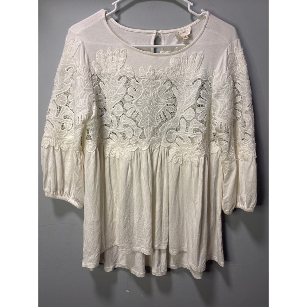 Deletta Anthropologie‎ Ivory Lace Embroidered Babydoll Top 3/4 Sleeve Flowy Boho